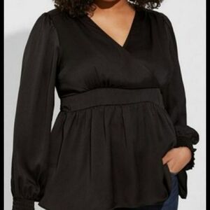 Torrid Glamorous Black Satin Surplice Cut Out Back Blouce Size 1/1X